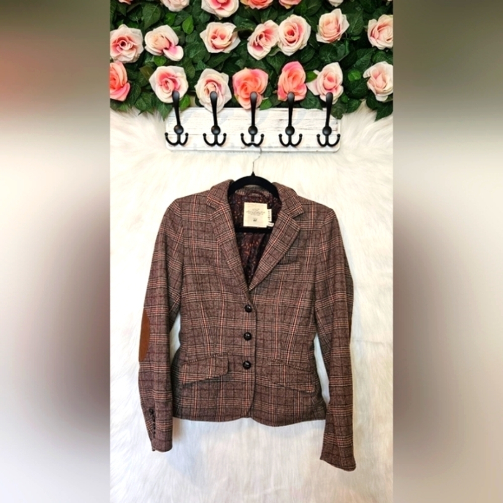 H&M L.O.G.G. Classic Plaid Lined Knit Blazer w/ Vintage Elbow Patches